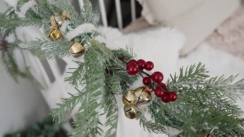 Christmas Garland with Gold Bells and Red Berries