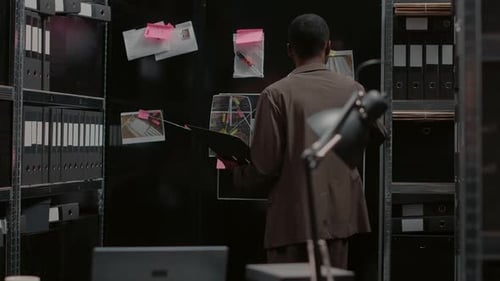 Detective Analyzes Evidence in Dark Office Area