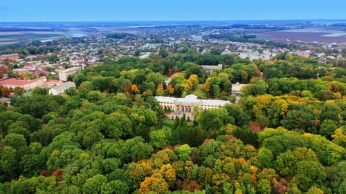 Splendid view of the green park growing around beautiful palace.