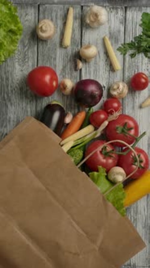 Vertical de un hombre que hace girar un tomate a mano cerca de un saco de alimentos y verduras