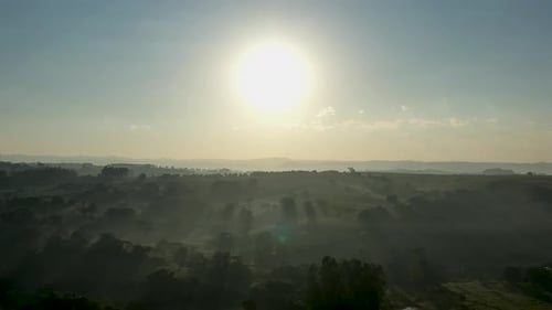 Scenic Foggy Morning at Countryside Scenery. Rural Landscape.