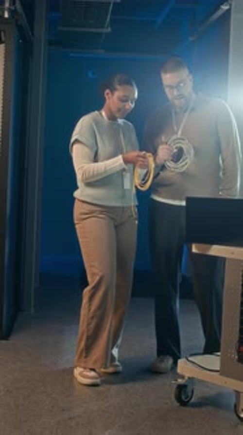 Young Engineers Fixing Cables while Using Computers in Data Center