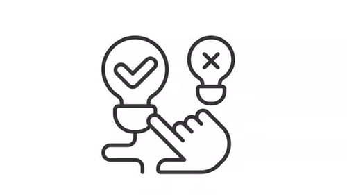 Black animation of hand pointing at illuminated light bulb