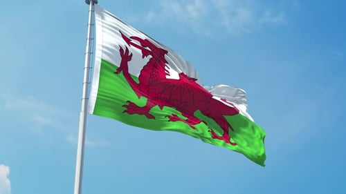 Realistic Welsh Flag Waving Animation Against Blue Sky