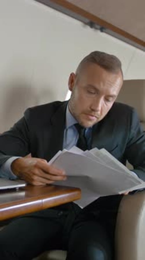Vertical d'un bel homme d'affaires travaillant avec des documents et un carnet de notes en jet privé