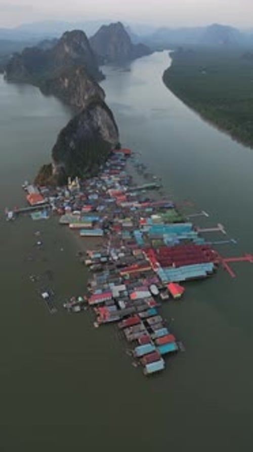 Aerial video of the floating village of Ko Panyi in Thailand