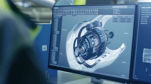 Nahaufnahme des 3D-CAD-Modells des Motors auf dem Computerbildschirm. Im Hintergrund Manufac