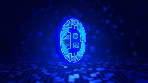 Glowing Futuristic Bitcoin Coin Rotation on Digital Grid