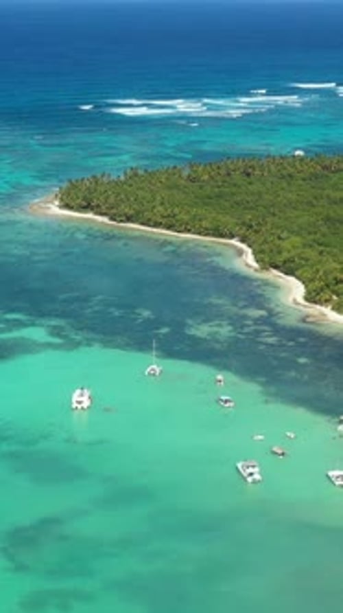 Aerial View on Caribbean Sea with Boats Floating in Water Tropical Destination Dominican Republic