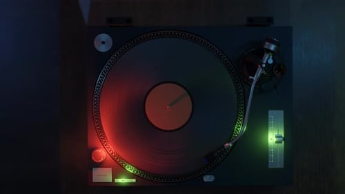 Retro Turntable With Spinning Vinyl From Top View