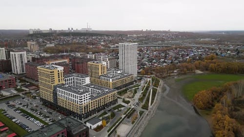 Aerial View of Apartment Buildings in a Residential Area Drone Flying Among Houses in Novosibirsk
