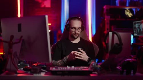 Man Gamer Playing Virtual Video Games Gamer Smiling Designer Sitting at Computer Monitor and