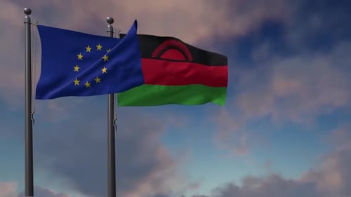European Union and Malawi Flags Waving Against Cloudy Sky