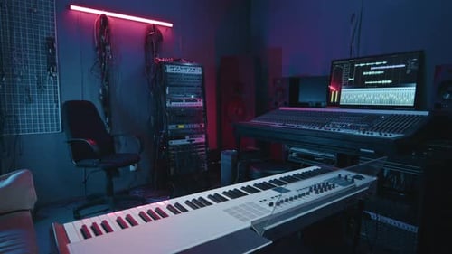 Studio of Records with Sound Board, Synthesizer and Armchair