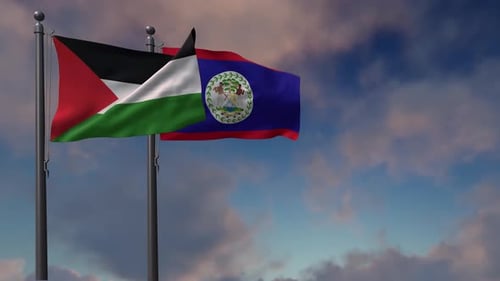 Waving Flags of Palestine and Belize Against a Cloudy Sky