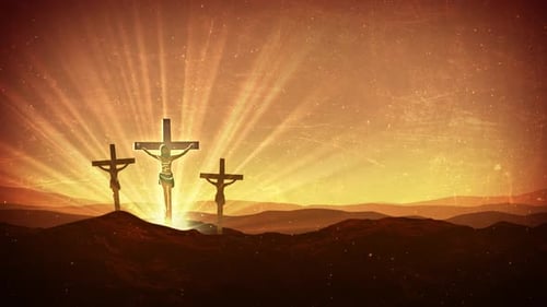 Radiant Crucifixion Scene with Glowing Crosses at Sunset