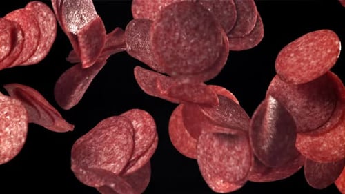 Sliced Salami Flies Up and Falls Down Filmed on a Highspeed Camera at 1000 Fps