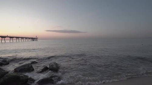 4K clip of bird flying over the mediterranean sea at sunrise in Barcelona, Spain with a concrete bri