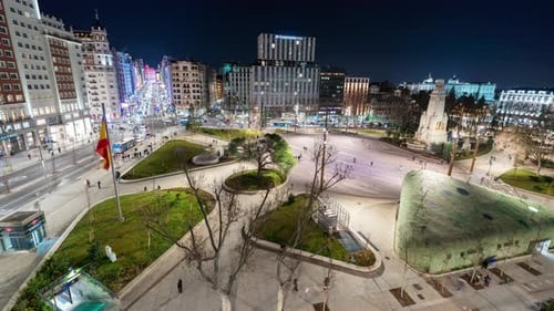 Timelapse of Plaza de Espana and Gran Via at night in Madrid