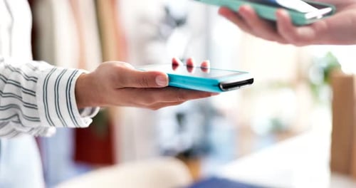 People, hands and pos machine with phone for payment, checkout or wireless transaction at boutique
