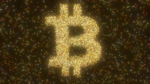 Funkelnde Lichtpunkte bilden das ikonische Bitcoin-Kryptowährungssymbol - 4K