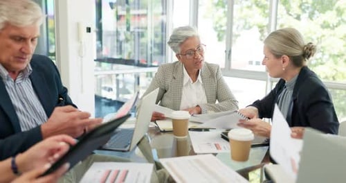 Documents, data and teamwork of business people in meeting discussing marketing strategy in office