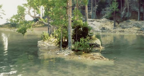 Tranquil Island with Lush Trees in Serene Lake Surrounded By Nature