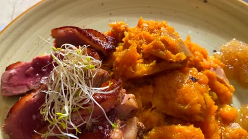 Delicious duck breast with pumpkin puree, ginger jam and green sprouts, traditional french cuisine,