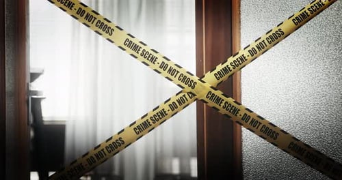 Crime scene. Interior doors sealed with yellow tape "PLACE OF CRIMINALITY - DO NOT CROSS".