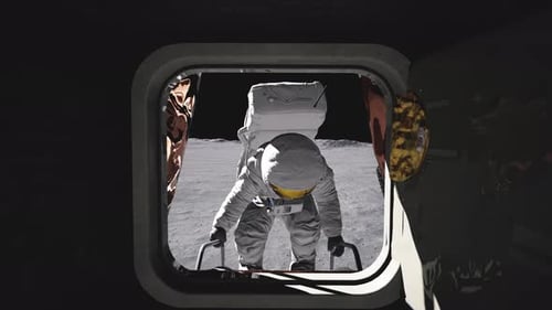 Astronaut Descending from Lunar Module on Moon with Earth View
