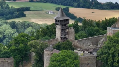Drone close up to view Tower in Helfstyn Castle, Tourist Attraction, History. Czech Republic
