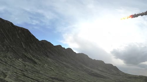 Meteors burning in Atmosphere above green hill.