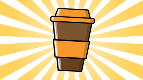 Animated Flat Design Coffee Cup with Sunburst Background