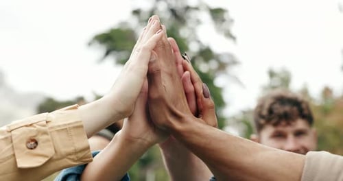 High five, hands together and teamwork in synergy or huddle for university education or study