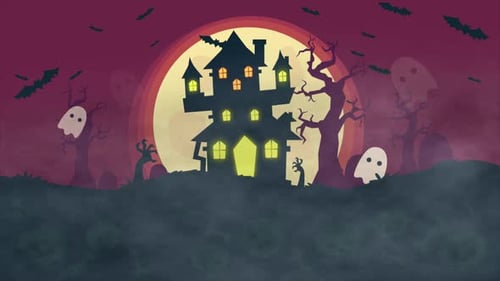 Animated Spooky Halloween Haunted House with Ghosts and Bats