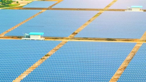 A bird's eye view of a solar power plant, Drone aerial view