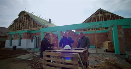 Three builders taking a lunch break with pizza at construction site, casual gathering, teamwork and