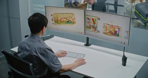 Airport Security Checkpoint Female TSA Worker Controlling Xray Scanning of Baggage on Monitors