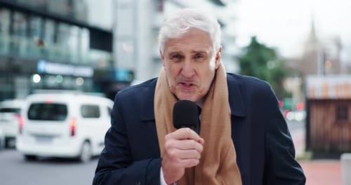 Man, face and reporter in street with news report, live broadcast or correspondence
