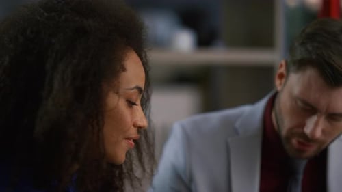 Multiracial Colleagues Laughing Working Together In Office Building. Closeup Multiethnic Business...