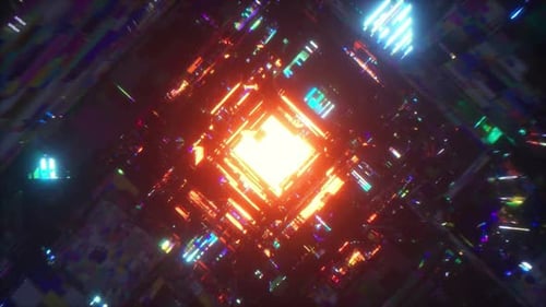 Flight Through a Dark Tunnel with Blue Neon Lights