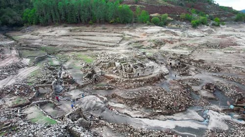 Aceredo ghost village emerges from cracked earth, drought in Galicia Aerial View
