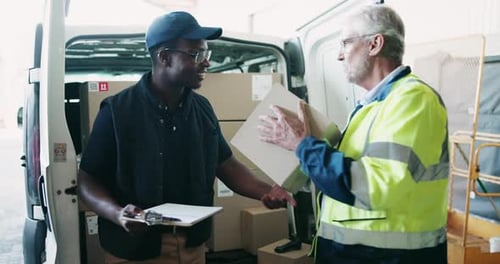 Businessman, box and handshake with package for delivery, supply chain or transportation service