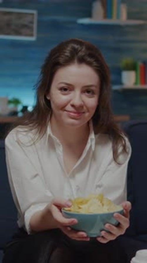 Vertical Video Caucasian Adult Looking at Camera While Having Bowl of Chips