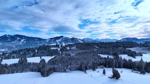 Rising over the rocky area covered with snow and pine tree woods.