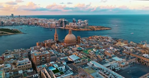 Aerial View of Valletta Old Town in Malta at Sunset Flying Over Valletta Old City Malta