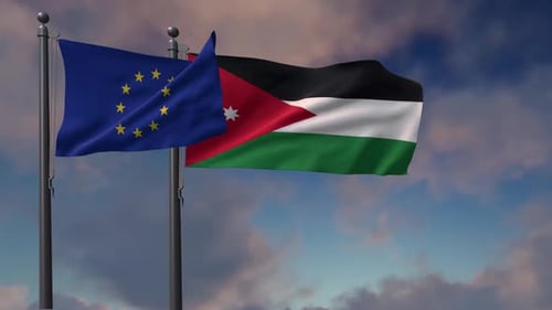 European Union and Palestinian Flags Waving in Sky