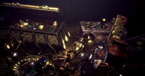 Treasure Trove Filled with Ancient Artifacts and Gleaming Gems in a Dark Cave