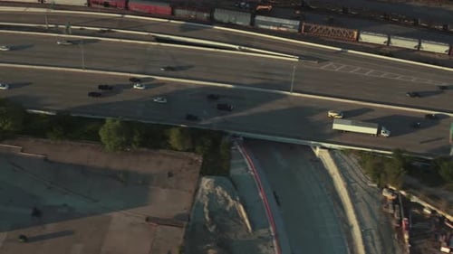 Dallas Texas highway 35w and highway 30 sunset aerial traffic view