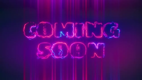 Coming Soon uppercase text in colorful neon letters and lightnings. Loop 4K Background.